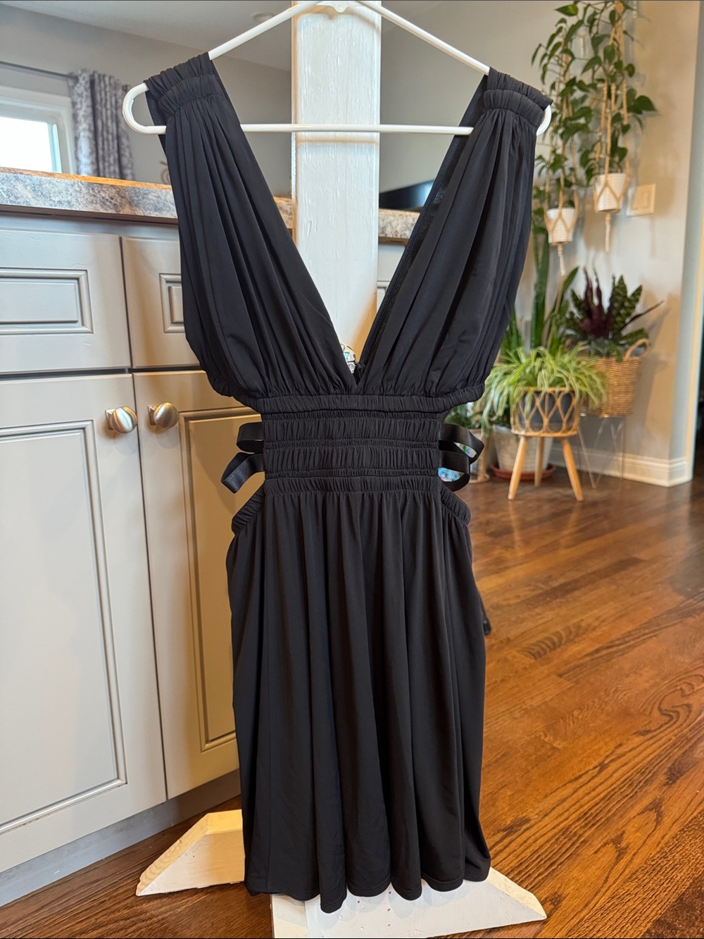 Express Plunging Deep V-Neck Smocked Cutout Mini Dress Black - Size M